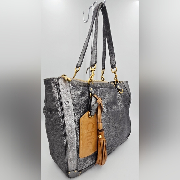 Chloe Eden Distressed Metallic Silver Calfskin Tote Bag - Picture 10 of 16